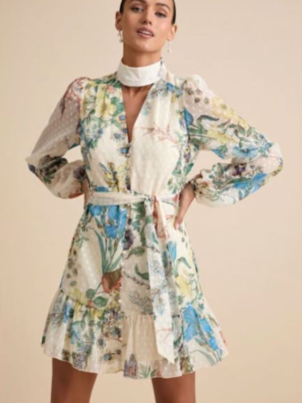 Lulus Ayame Ivory Floral Swiss Dot Balloon Sleeve Mini Dress